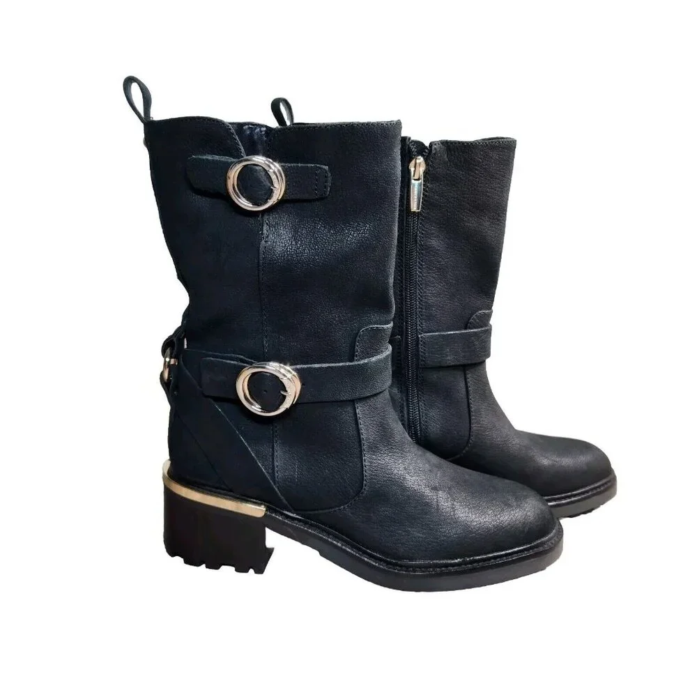 Vince Camuto Women's Size 6.5 M Black Leather Buckle Kerivini Boots (648) - Picture 1 of 7